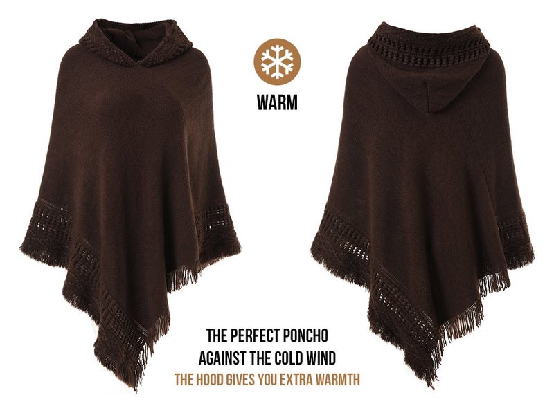 Ferand Ladies' Hooded Cape with Fringed Hem, Crochet Poncho Knitting Patterns for Women, Brown - Image 3